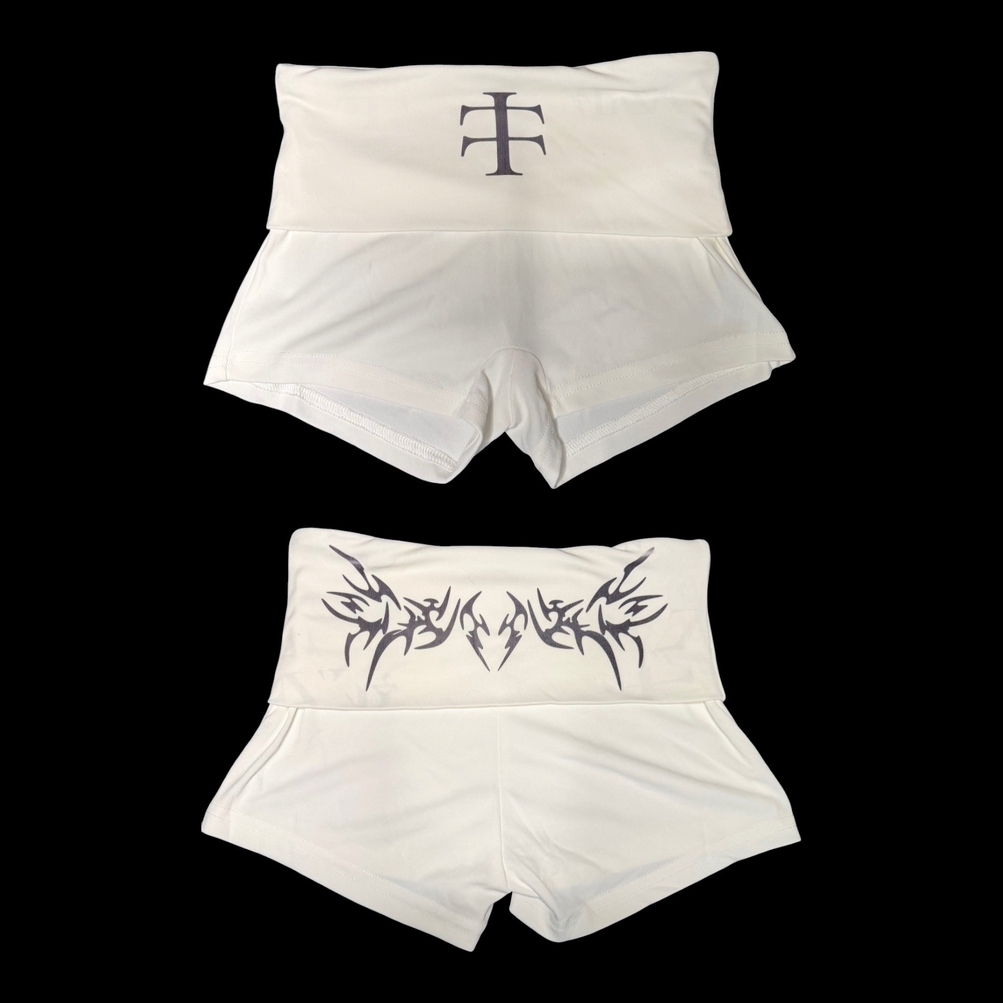 White fold over cybersigilism shorts